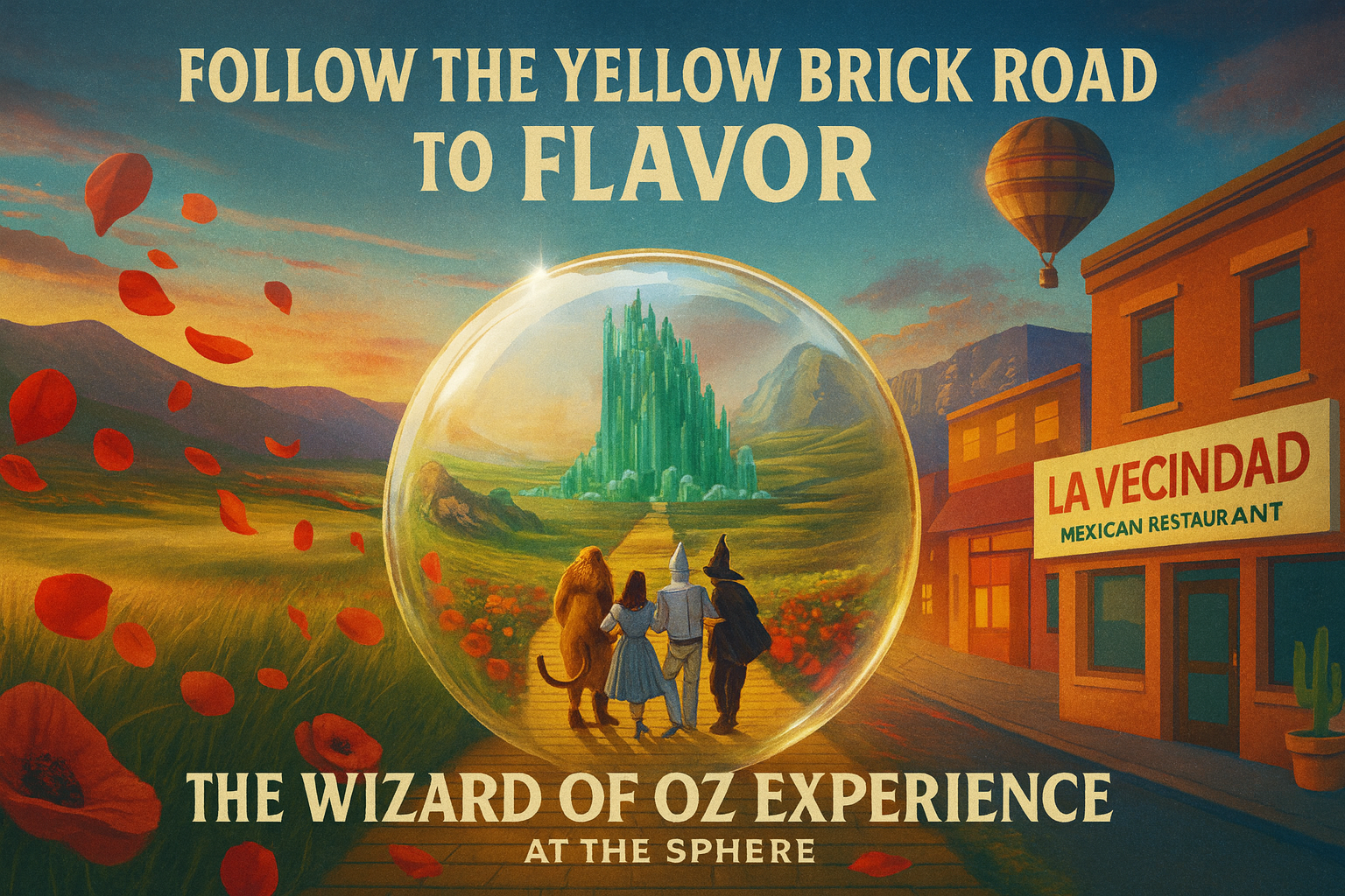 Illustration of the Yellow Brick Road leading to the Emerald City from the Wizard of Oz, blending with La Vecindad Mexican Restaurant near The Sphere in Las Vegas.