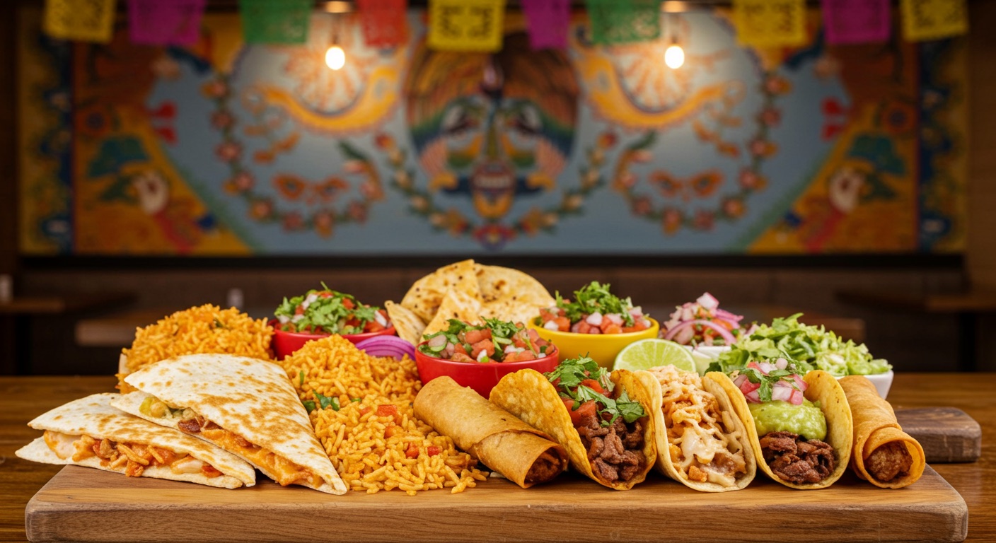 A spread of tacos, quesadillas, flautas, rice and salsas at La Vecindad