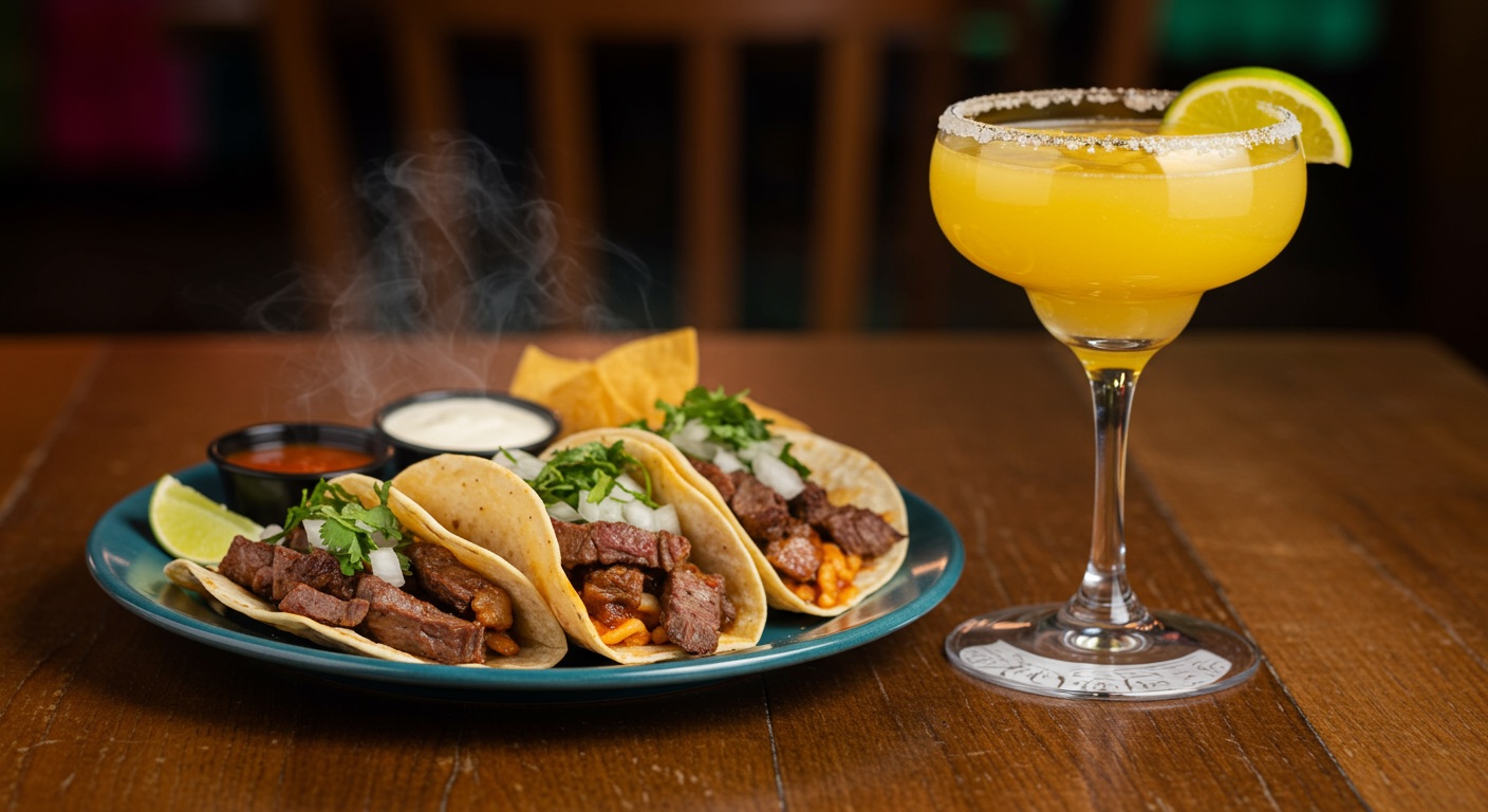 Carne asada tacos and a mango margarita at La Vecindad in Las Vegas